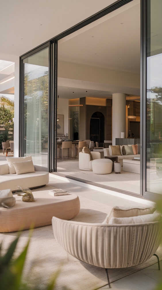 Indoor Outdoor Living Room Ideas with Sliding Doors, Glass Walls, Rugs & Modern Furniture
