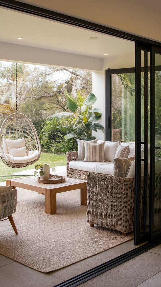 Indoor Outdoor Living Room Ideas with Sliding Doors, Glass Walls, Rugs & Modern Furniture