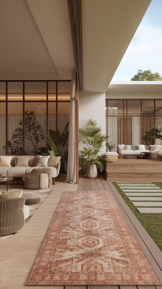 Indoor Outdoor Living Room Ideas with Sliding Doors, Glass Walls, Rugs & Modern Furniture