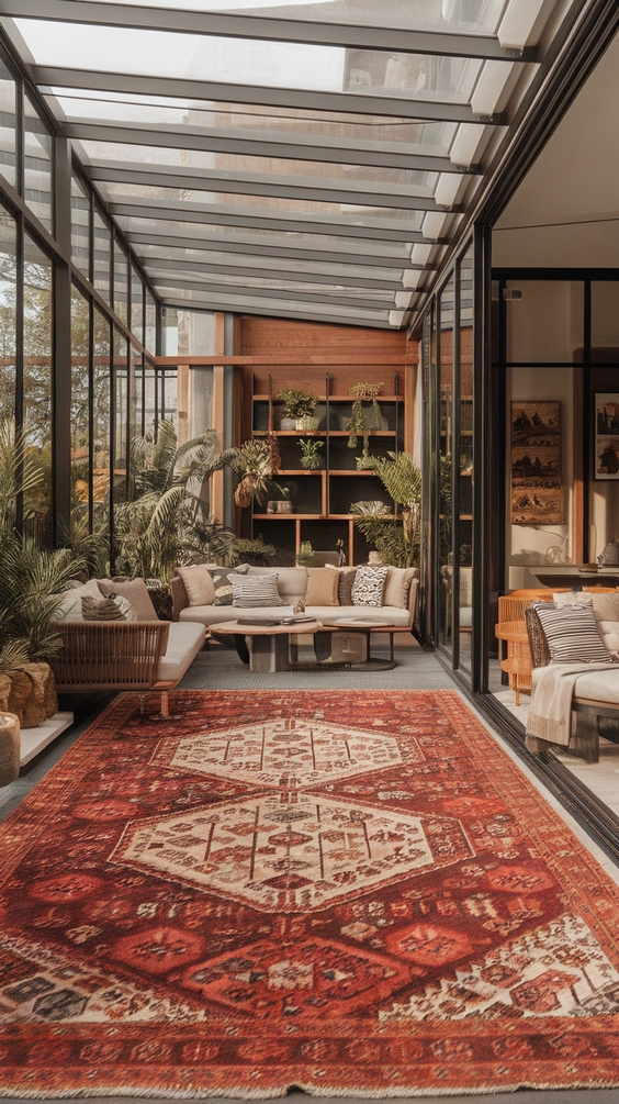 Indoor Outdoor Living Room Ideas with Sliding Doors, Glass Walls, Rugs & Modern Furniture