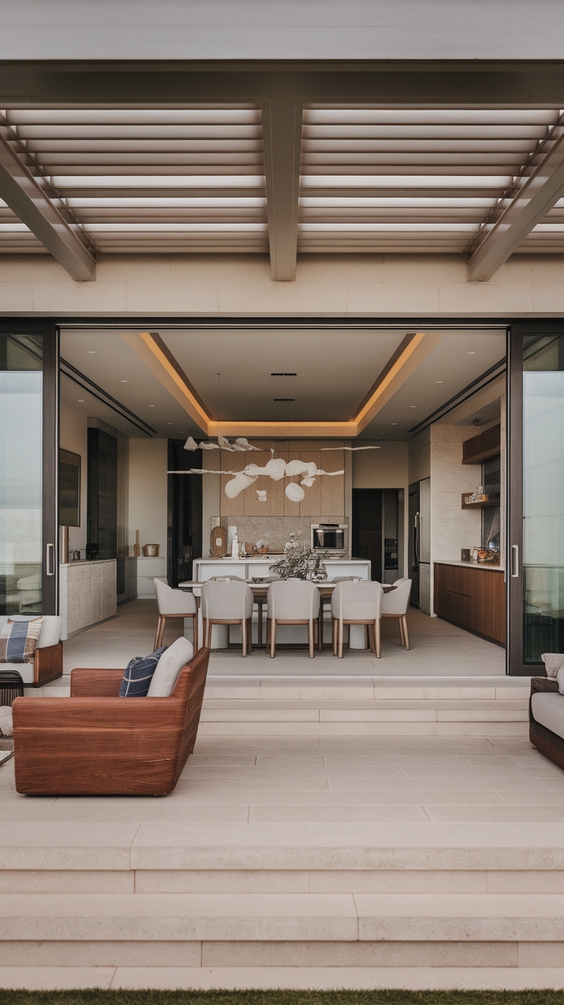 Indoor Outdoor Living Room Ideas with Sliding Doors, Glass Walls, Rugs & Modern Furniture