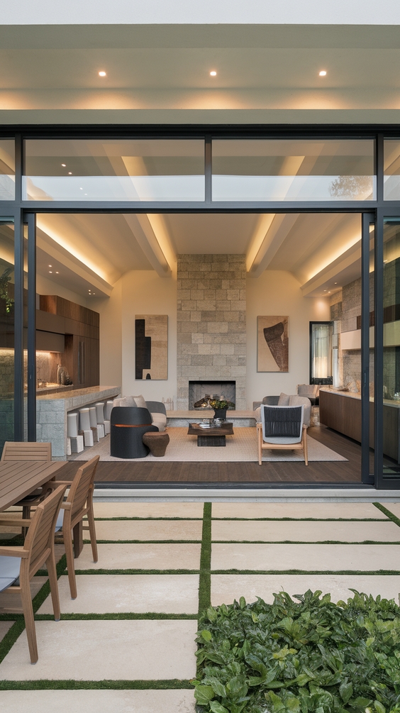Indoor Outdoor Living Room Ideas with Sliding Doors, Glass Walls, Rugs & Modern Furniture