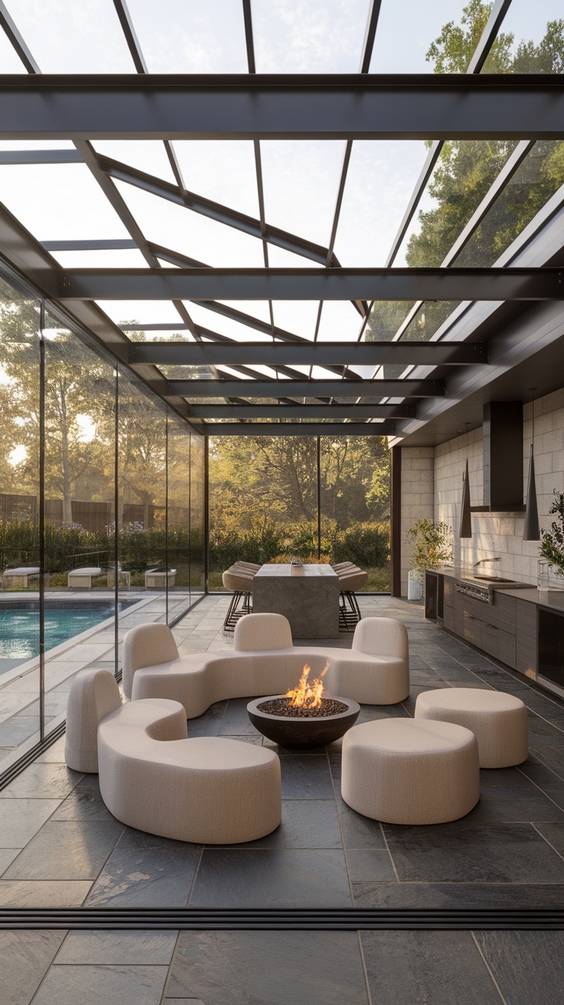 Pool Pavilion Ideas for Modern Outdoor Living with Kitchen, Bar & Fireplace Features
