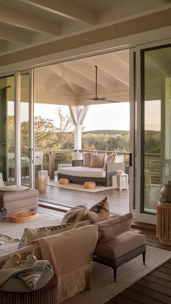 Indoor Outdoor Living Room Ideas with Sliding Doors, Glass Walls, Rugs & Modern Furniture