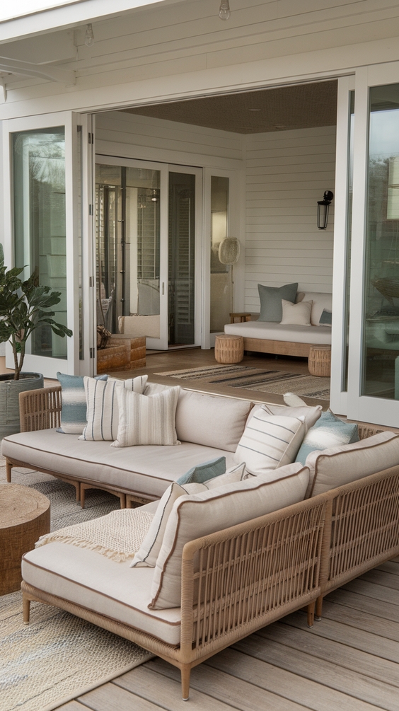 Indoor Outdoor Living Room Ideas with Sliding Doors, Glass Walls, Rugs & Modern Furniture