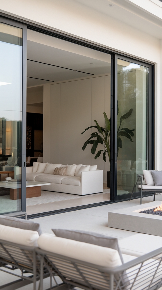 Indoor Outdoor Living Room Ideas with Sliding Doors, Glass Walls, Rugs & Modern Furniture