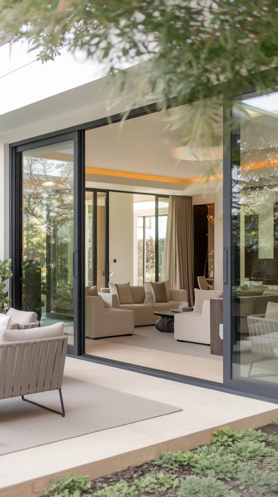 Indoor Outdoor Living Room Ideas with Sliding Doors, Glass Walls, Rugs & Modern Furniture