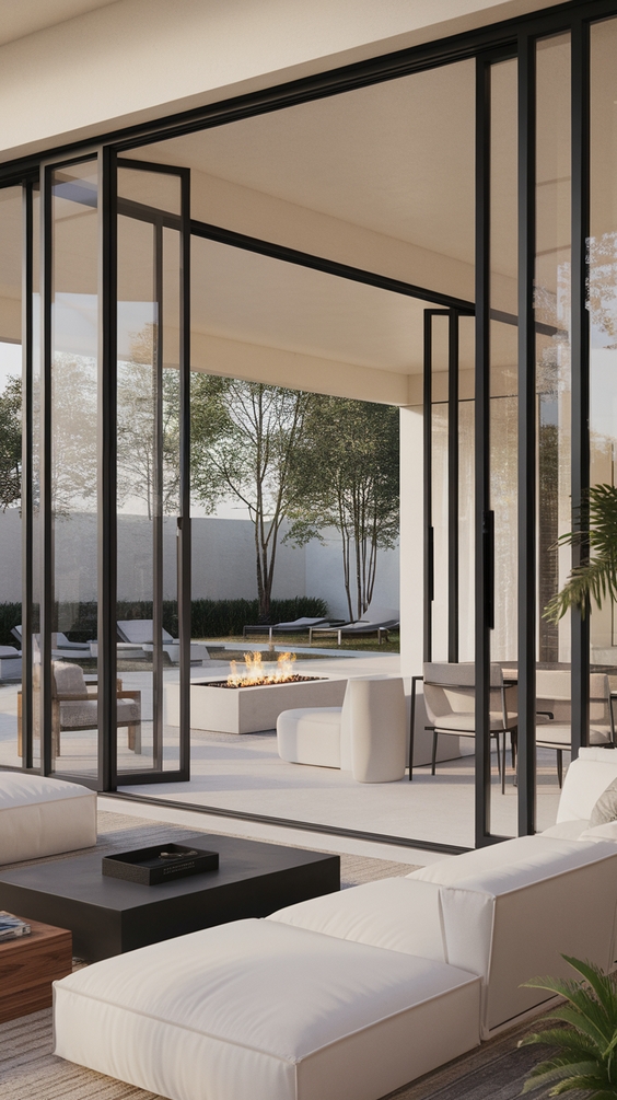 Indoor Outdoor Living Room Ideas with Sliding Doors, Glass Walls, Rugs & Modern Furniture