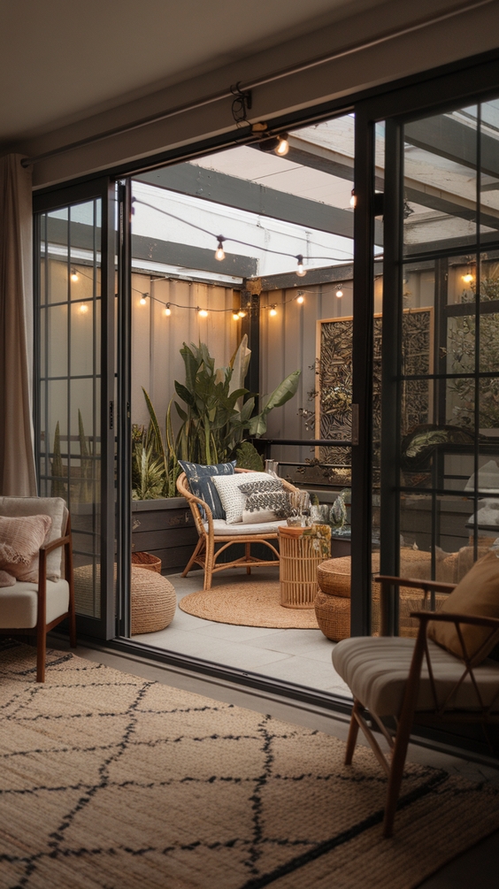 Indoor Outdoor Living Room Ideas with Sliding Doors, Glass Walls, Rugs & Modern Furniture