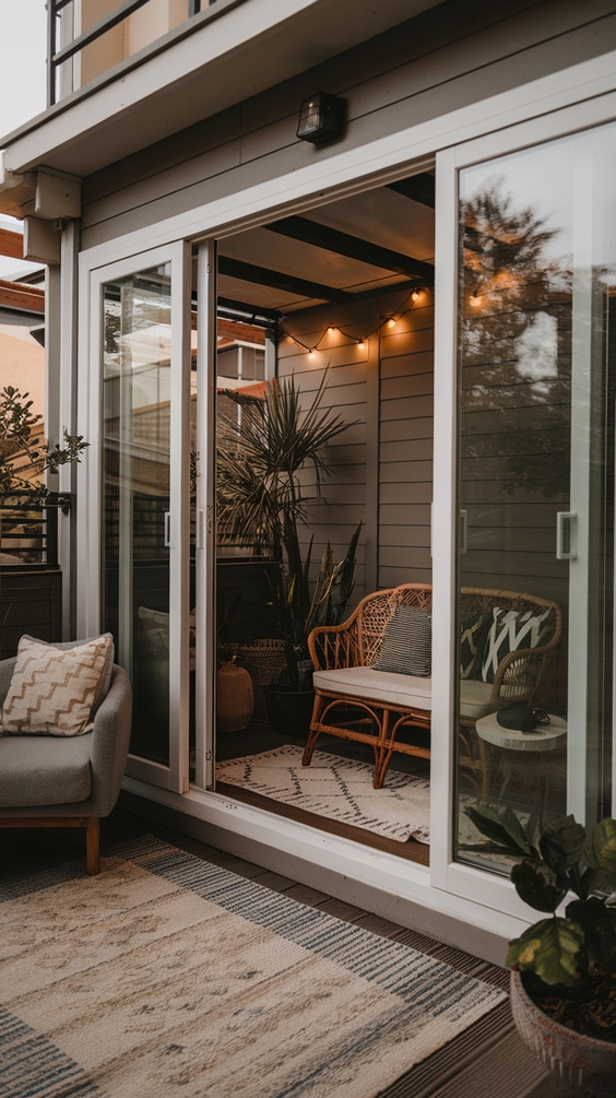 Indoor Outdoor Living Room Ideas with Sliding Doors, Glass Walls, Rugs & Modern Furniture