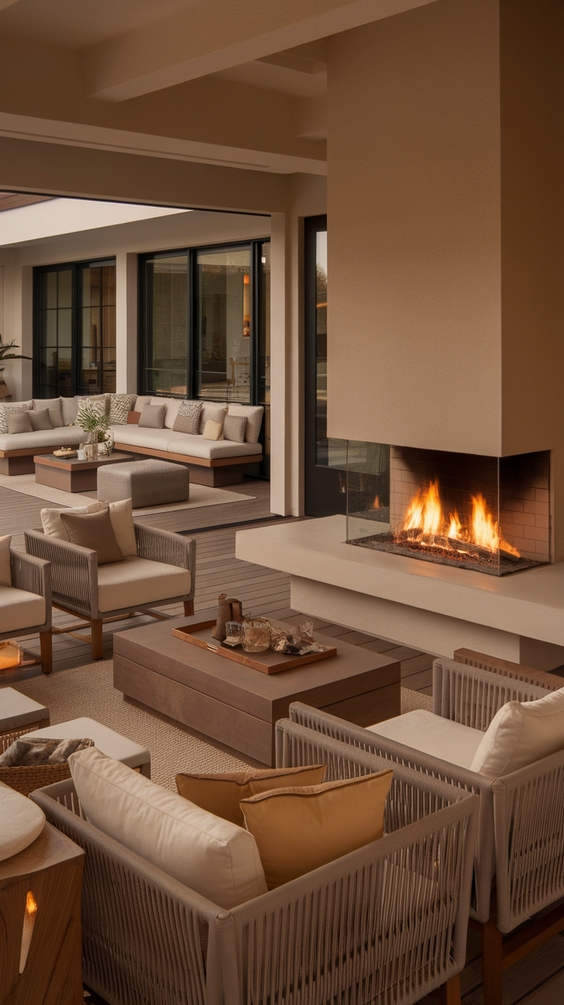 Indoor Outdoor Living Room Ideas with Sliding Doors, Glass Walls, Rugs & Modern Furniture