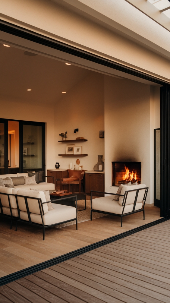 Indoor Outdoor Living Room Ideas with Sliding Doors, Glass Walls, Rugs & Modern Furniture