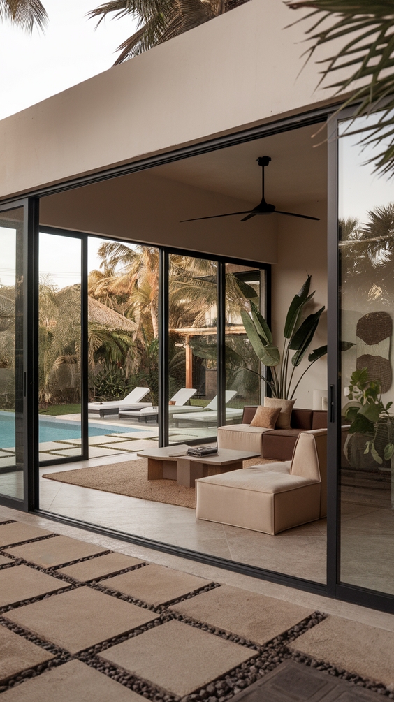 Indoor Outdoor Living Room Ideas with Sliding Doors, Glass Walls, Rugs & Modern Furniture