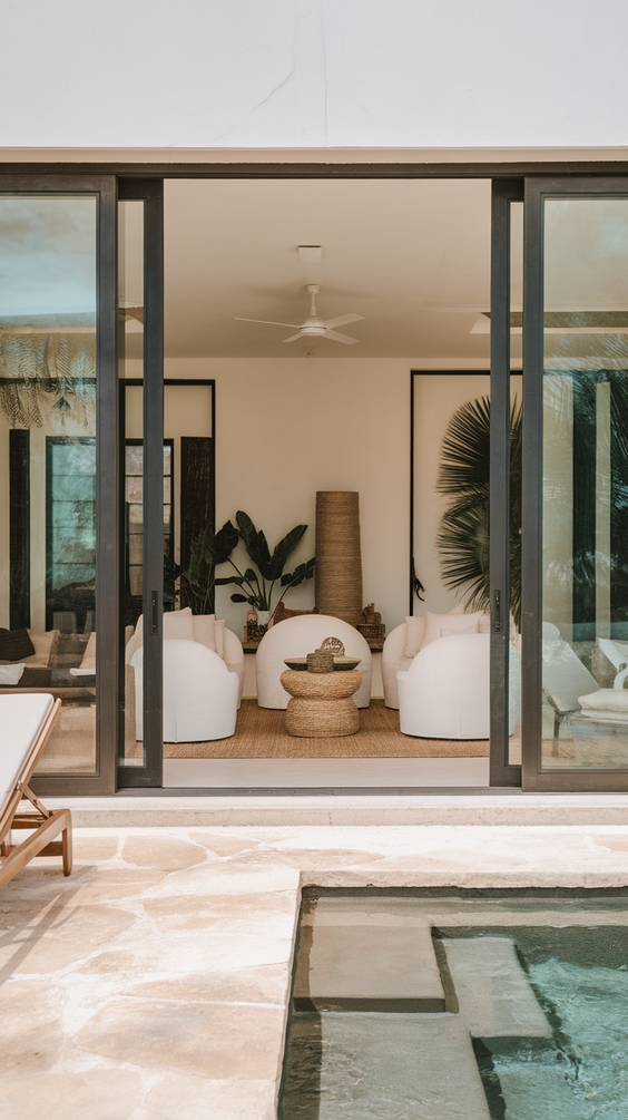 Indoor Outdoor Living Room Ideas with Sliding Doors, Glass Walls, Rugs & Modern Furniture