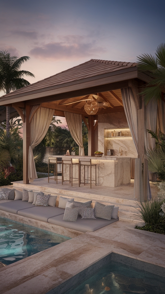 Pool Pavilion Ideas for Modern Outdoor Living with Kitchen, Bar & Fireplace Features