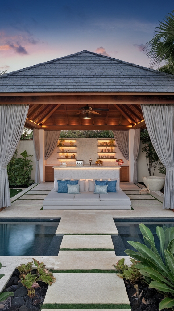 Pool Pavilion Ideas for Modern Outdoor Living with Kitchen, Bar & Fireplace Features