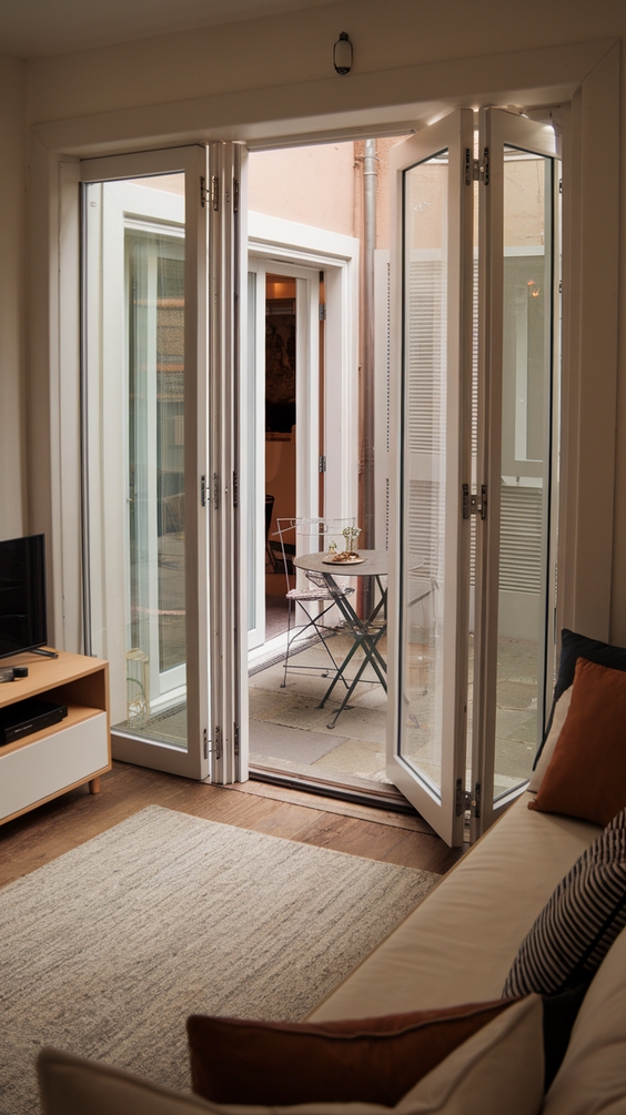 Indoor Outdoor Living Room Ideas with Sliding Doors, Glass Walls, Rugs & Modern Furniture