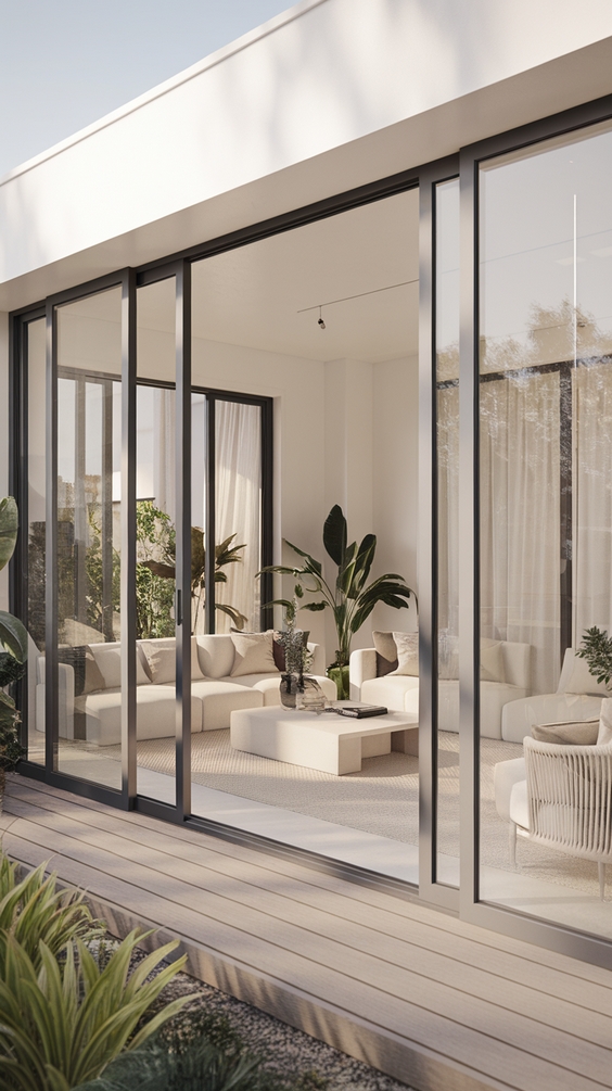 Indoor Outdoor Living Room Ideas with Sliding Doors, Glass Walls, Rugs & Modern Furniture