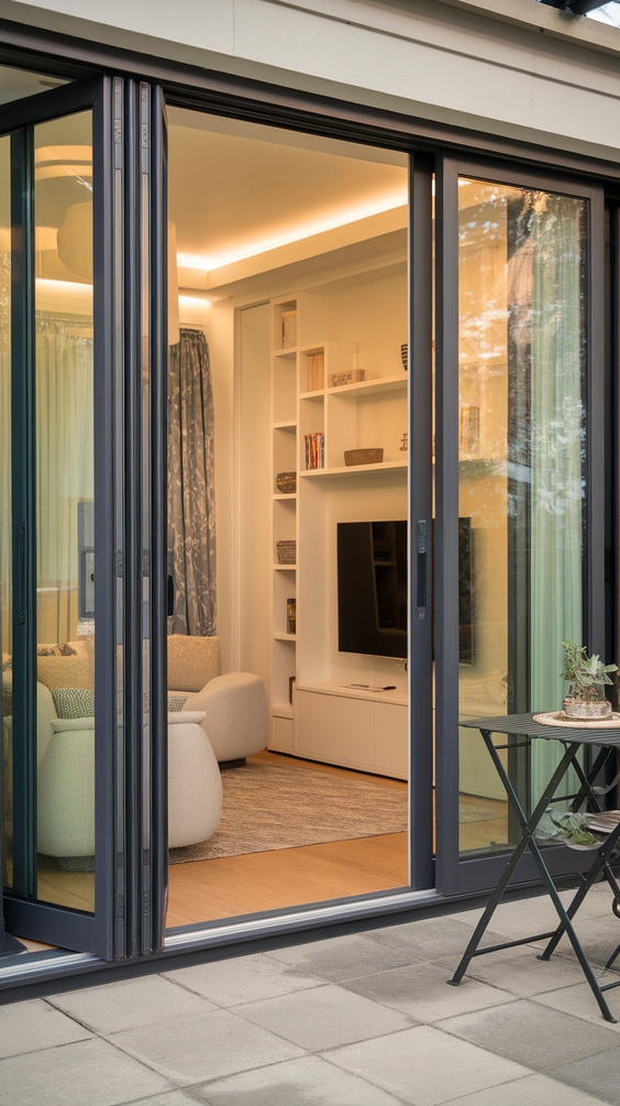 Indoor Outdoor Living Room Ideas with Sliding Doors, Glass Walls, Rugs & Modern Furniture