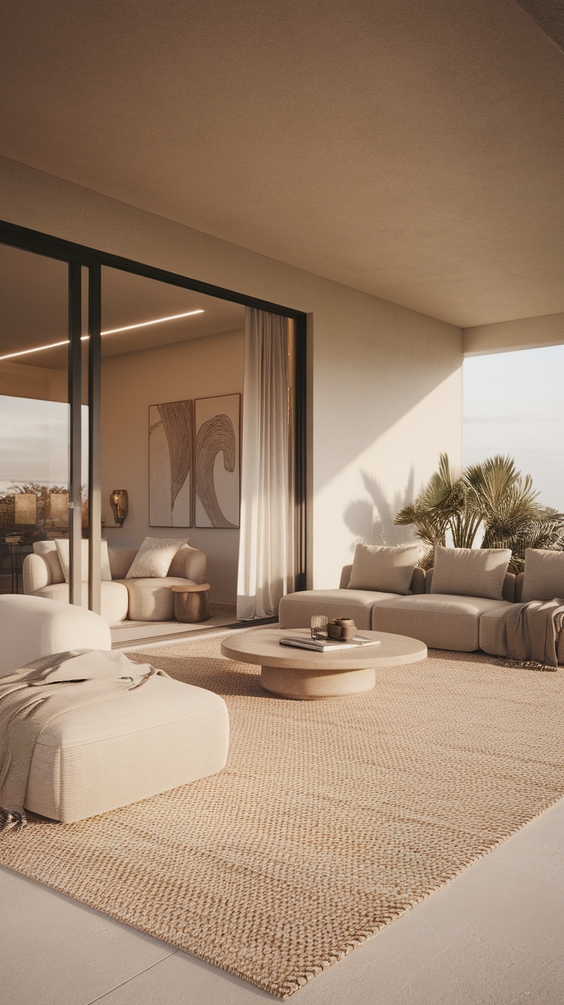 Indoor Outdoor Living Room Ideas with Sliding Doors, Glass Walls, Rugs & Modern Furniture