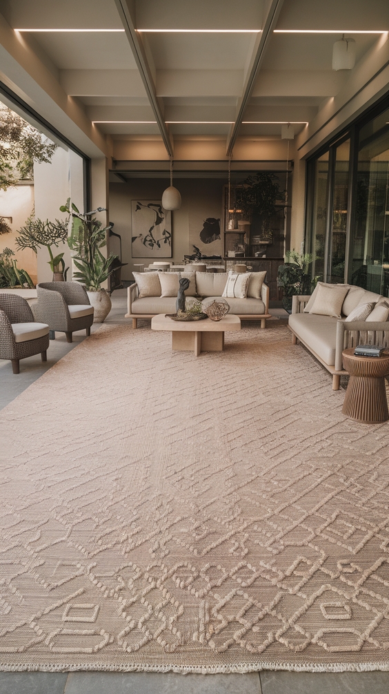 Indoor Outdoor Living Room Ideas with Sliding Doors, Glass Walls, Rugs & Modern Furniture