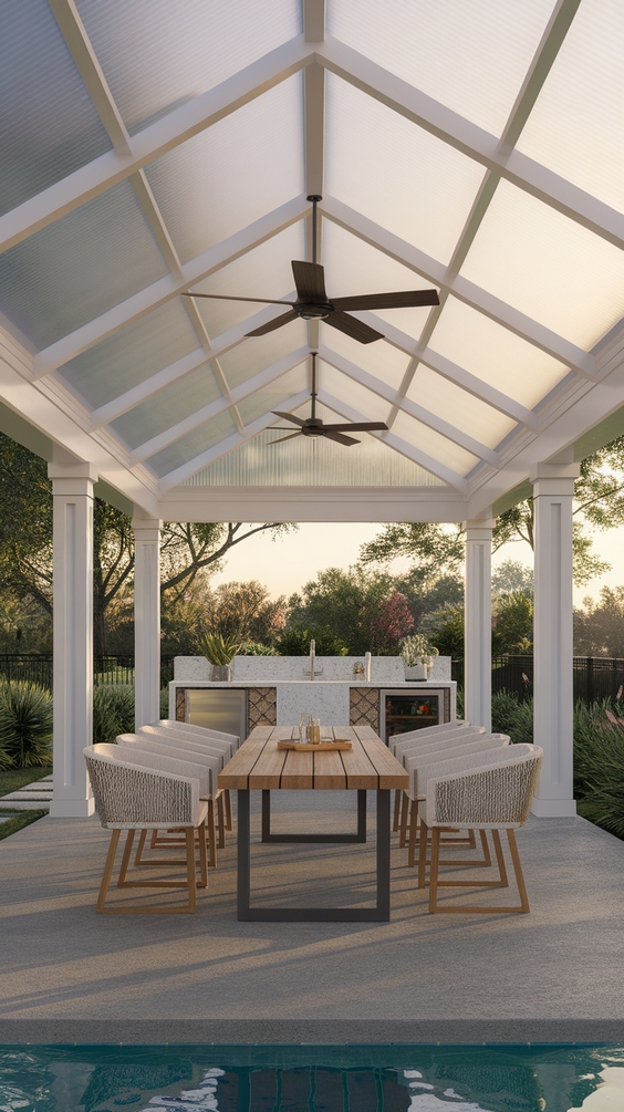 Pool Pavilion Ideas for Modern Outdoor Living with Kitchen, Bar & Fireplace Features