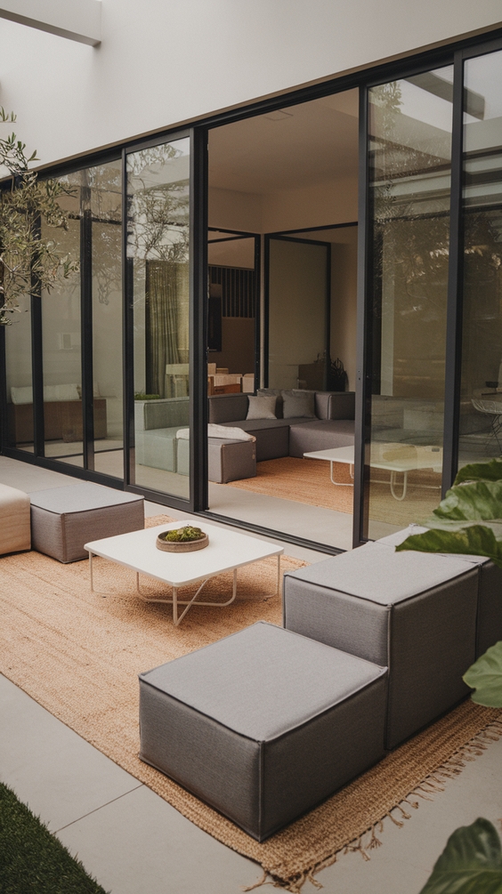 Indoor Outdoor Living Room Ideas with Sliding Doors, Glass Walls, Rugs & Modern Furniture