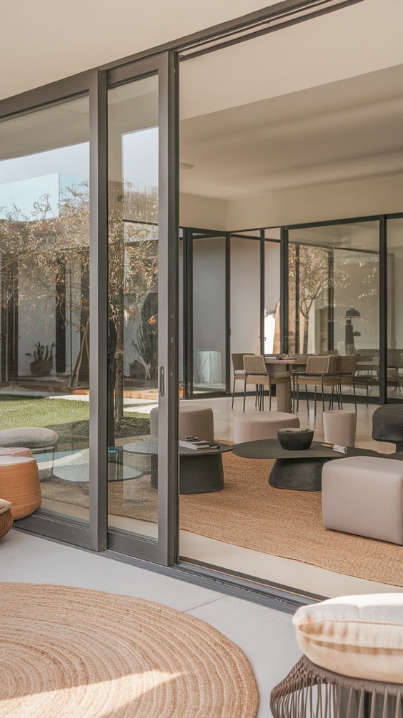 Indoor Outdoor Living Room Ideas with Sliding Doors, Glass Walls, Rugs & Modern Furniture