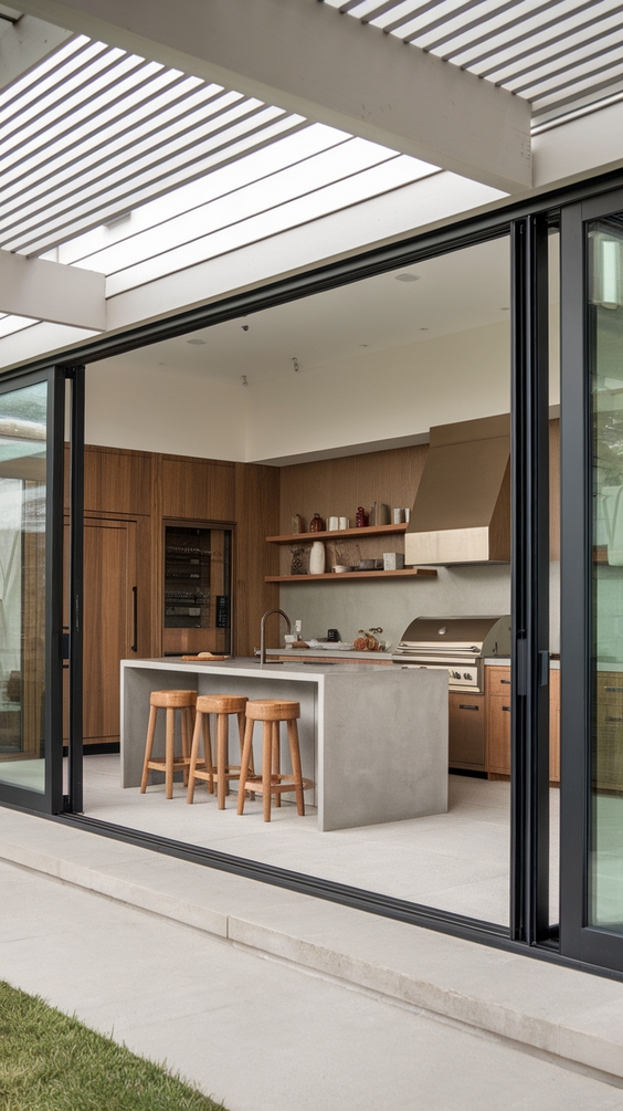 Indoor Outdoor Living Room Ideas with Sliding Doors, Glass Walls, Rugs & Modern Furniture