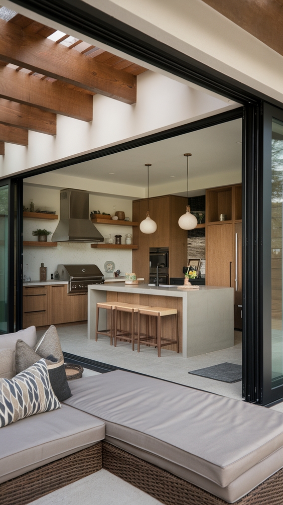 Indoor Outdoor Living Room Ideas with Sliding Doors, Glass Walls, Rugs & Modern Furniture