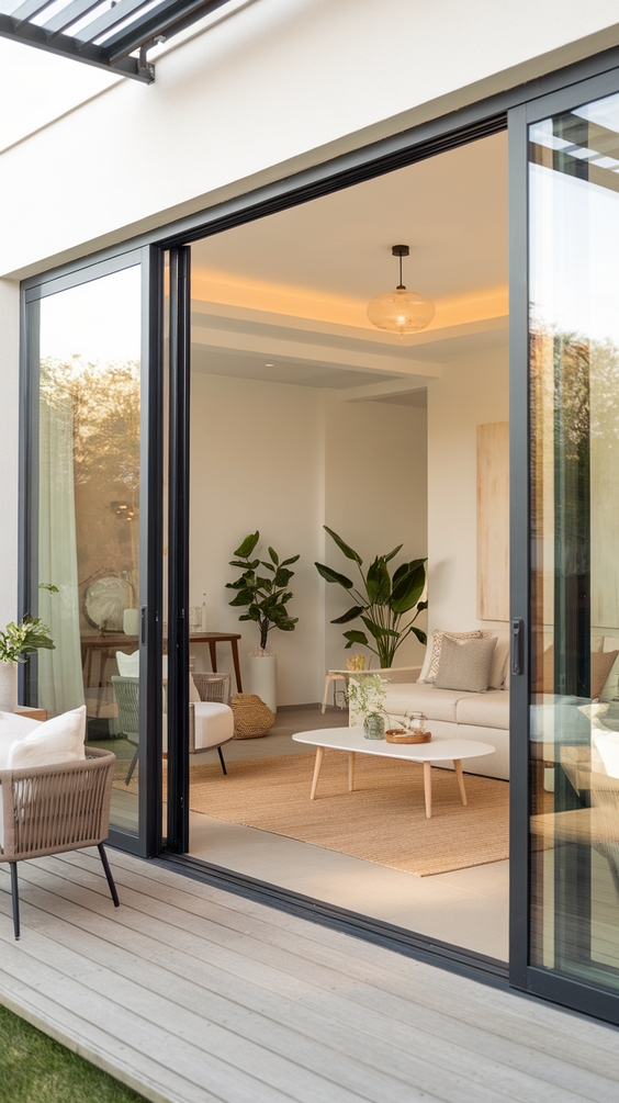 Indoor Outdoor Living Room Ideas with Sliding Doors, Glass Walls, Rugs & Modern Furniture