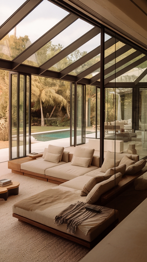 Indoor Outdoor Living Room Ideas with Sliding Doors, Glass Walls, Rugs & Modern Furniture