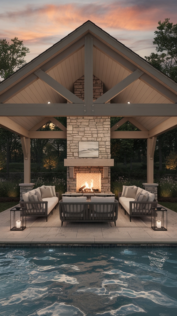 Pool Pavilion Ideas for Modern Outdoor Living with Kitchen, Bar & Fireplace Features