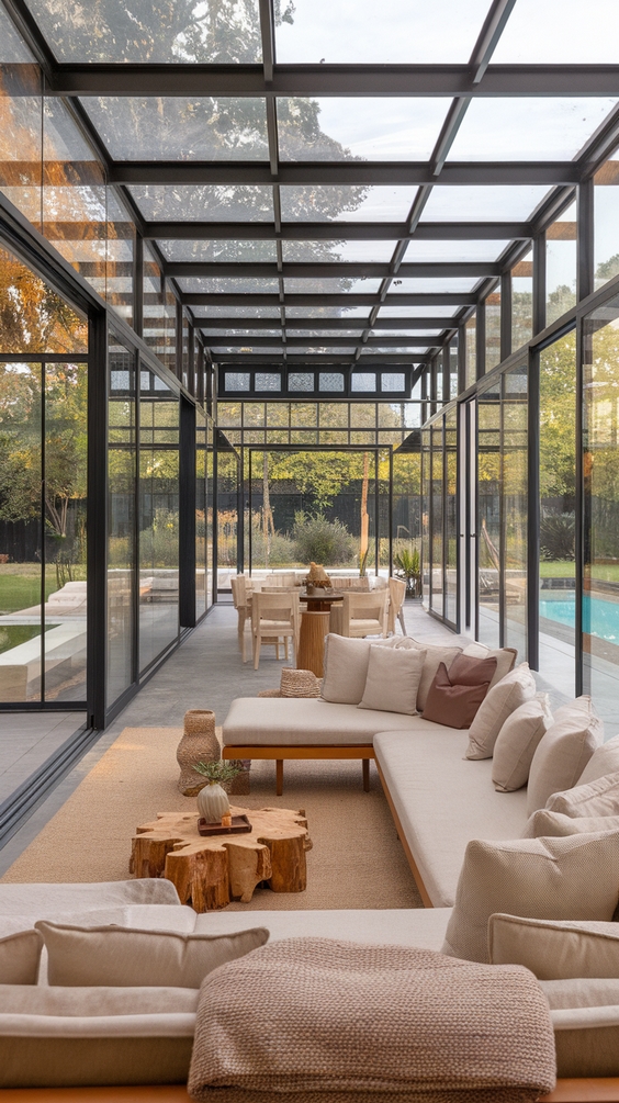 Indoor Outdoor Living Room Ideas with Sliding Doors, Glass Walls, Rugs & Modern Furniture