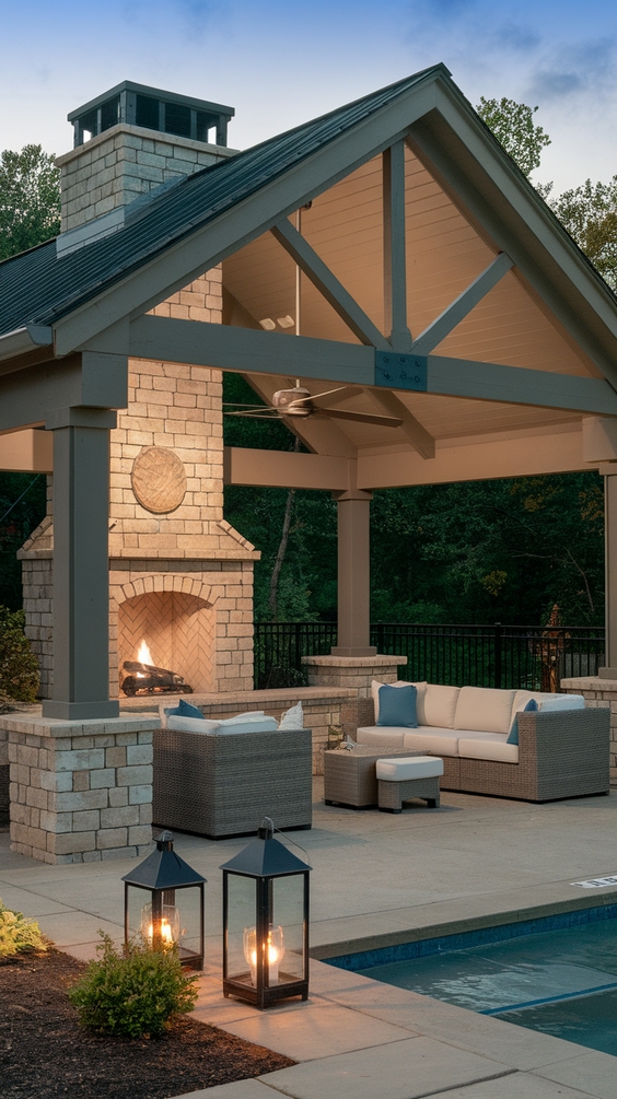 Pool Pavilion Ideas for Modern Outdoor Living with Kitchen, Bar & Fireplace Features