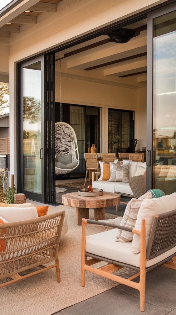 Indoor Outdoor Living Room Ideas with Sliding Doors, Glass Walls, Rugs & Modern Furniture
