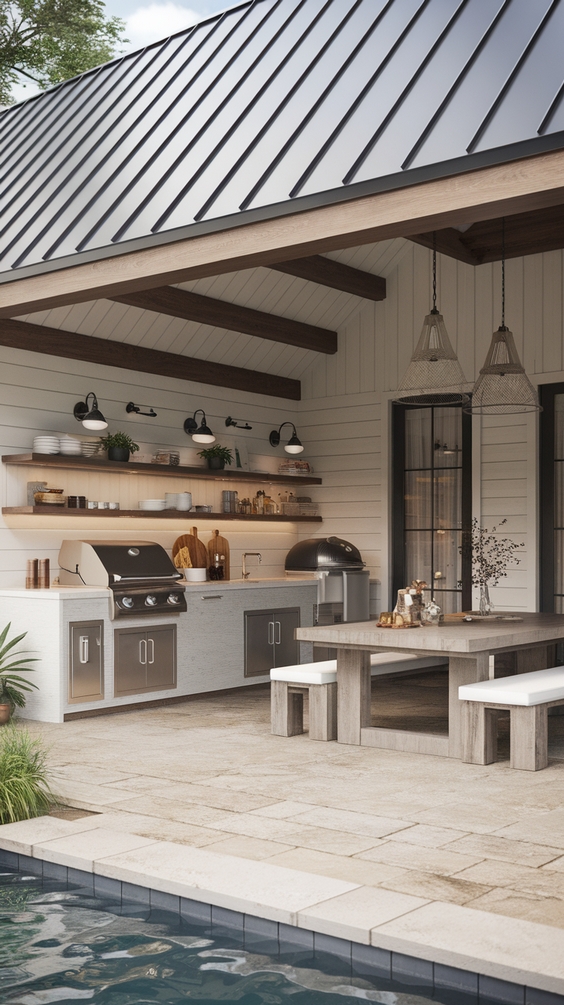 Pool Pavilion Ideas for Modern Outdoor Living with Kitchen, Bar & Fireplace Features